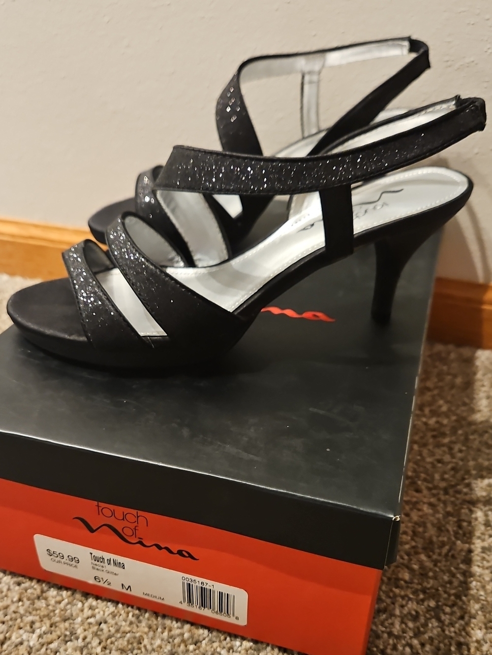 Touch of Nina Black Glitter Strappy Slingback Heels